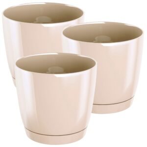 3x Maceta redonda de plastico Coubi Round P en color crema 12 (largo) x 12 (ancho) x 11 (altura) cm