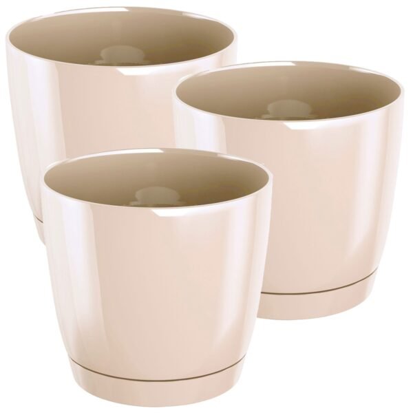 3x Maceta redonda de plastico Coubi Round P en color crema 12 (largo) x 12 (ancho) x 11 (altura) cm