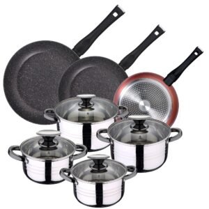 Pack de 3 sartenes ø20/24 y 28 cms + batería de cocina de 8pc en acero inoxidable