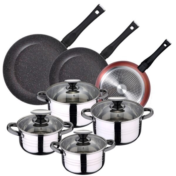 Pack de 3 sartenes ø20/24 y 28 cms + batería de cocina de 8pc en acero inoxidable