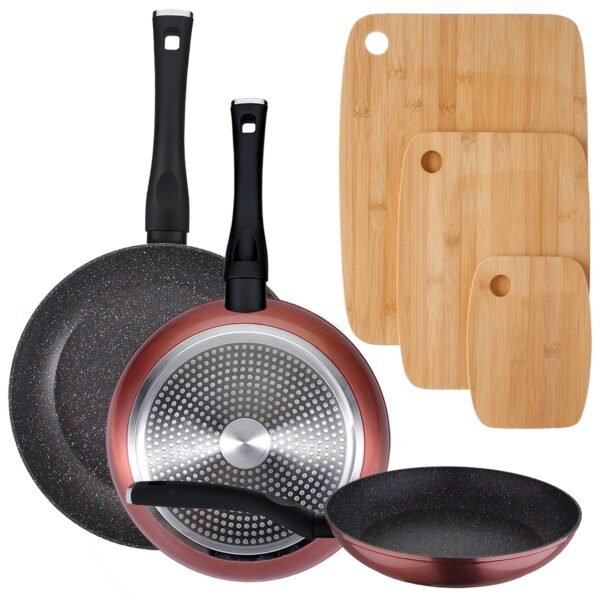 PACK DE 3 SARTENES Ø20/24 y 28 cms + SET DE 3 TABLAS DE BAMBÚ PARA TU COCINA
