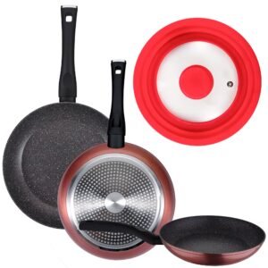 PACK DE 3 SARTENES Ø20/24 y 28 cms + TAPA UNIVERSAL (16,18,20CM) COLOR ROJO