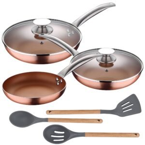 Set 5pc sartenes (con tapa) aluminio prensado inducción con Set 3pc utensilios de cocina silicona madera