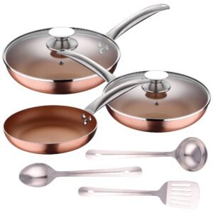 Set 5pc sartenes (con tapa) aluminio prensado inducción con Set 3 pc utensilios cocina acero inoxidable
