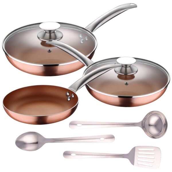 Set 5pc sartenes (con tapa) aluminio prensado inducción con Set 3 pc utensilios cocina acero inoxidable