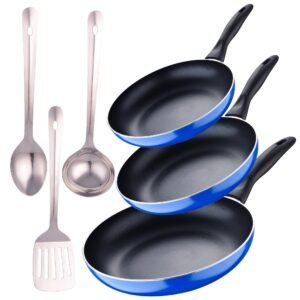 Set 3pc sarten (16+20+24cm) aluminio prensado, inducción, azul navy paradise con Set 3 pc utensilios cocina acero inoxidable