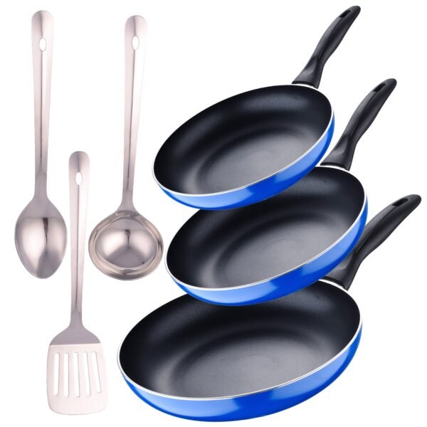 Set 3pc sarten (16+20+24cm) aluminio prensado, inducción, azul navy paradise con Set 3 pc utensilios cocina acero inoxidable