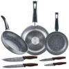 Set 3pc sarten (16+20+24cm) aluminio prensado, inducción, negra soul marble con Set 4pc cuchillos acero inoxidable
