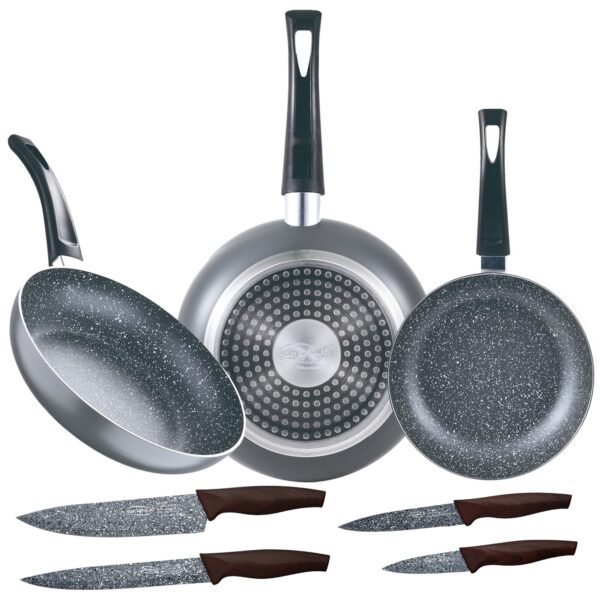 Set 3pc sarten (16+20+24cm) aluminio prensado, inducción, negra soul marble con Set 4pc cuchillos acero inoxidable