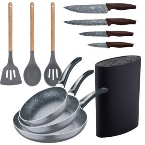 Set 3pc sarten (16+20+24cm) aluminio prensado, inducción, negra soul marble con Set 3pc utensilios de cocina silicona madera con Set 4pc cuchillos ac