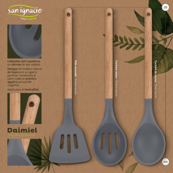Set 3pc sarten (16+20+24cm) aluminio prensado, inducción, negra soul marble con Set 3pc utensilios de cocina silicona madera con Set 4pc cuchillos ac - Imagen 3