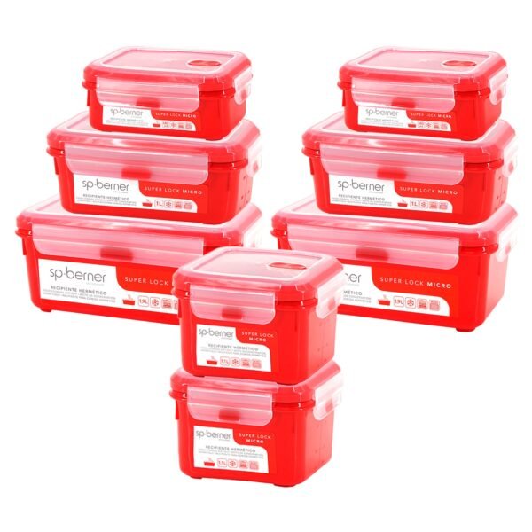 Set de 8 Herméticos SUPER LOCK MICRO 2x 0,68-1-1,1-1,9 L, aptos para cocinar al vapor en el microondas, ideal transporte y almacenamiento de alimento