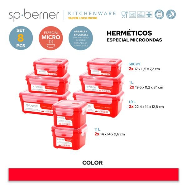 Set de 8 Herméticos SUPER LOCK MICRO 2x 0,68-1-1,1-1,9 L, aptos para cocinar al vapor en el microondas, ideal transporte y almacenamiento de alimento - Imagen 3