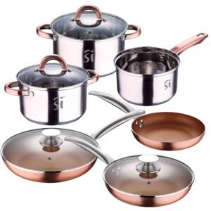 Juego de batería de cocina 'Onil' 5pc en acero inoxidable + set de 5 sartenes en aluminio prensado