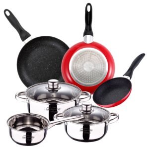 Batería 5 piezas Cassel + Set 3 sartenes Ø16/Ø20/Ø24 cms rojo, aluminio prensado, antiadherente, inducción