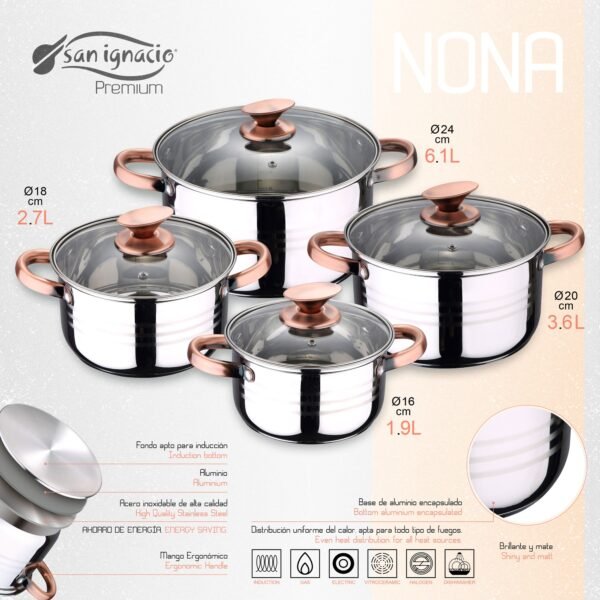 Bateria 8pc acero inoxidable apta para inducción Colección San Ignacio PremiuNONA - Imagen 3