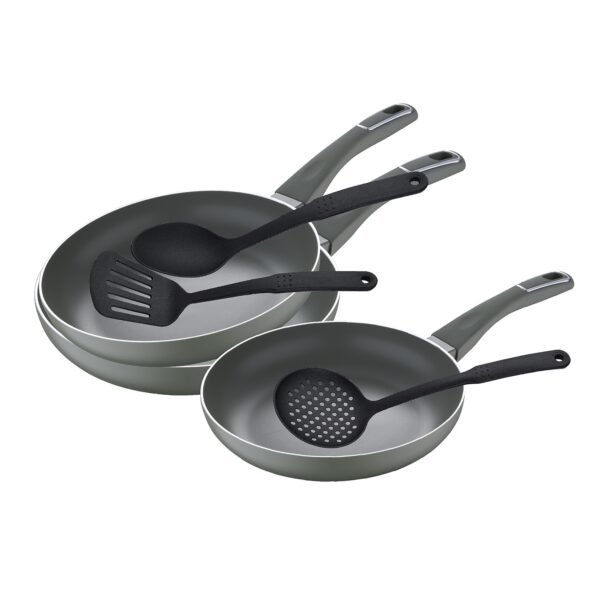 Juego de sartenes (20,24 y 28 cm) San Ignacio Trebol de aluminio prensado y set de utensilios de cocina en nylon
