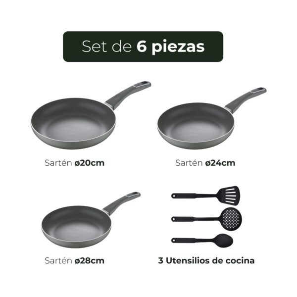Juego de sartenes (20,24 y 28 cm) San Ignacio Trebol de aluminio prensado y set de utensilios de cocina en nylon - Imagen 2