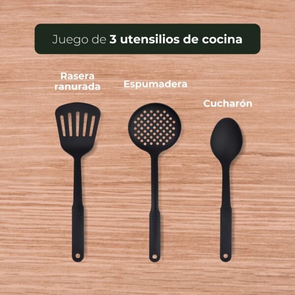 Juego de sartenes (20,24 y 28 cm) San Ignacio Trebol de aluminio prensado y set de utensilios de cocina en nylon - Imagen 4