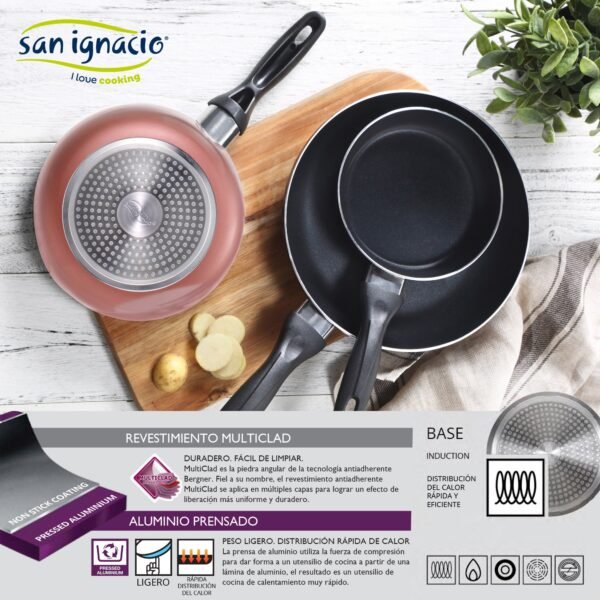 Set 3 sartenes Ø16/20/24 cm, aluminio prensado, aptas para inducción, colección Paradise - Imagen 3
