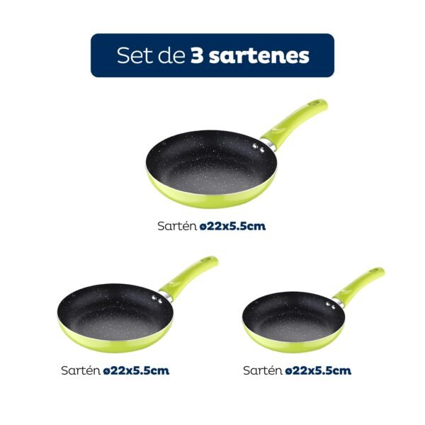 Set 3pc sarten (20+24+28cm) aluminio prensado verde molen - Imagen 2