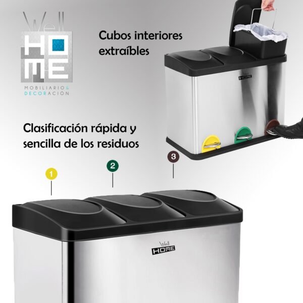 Cubo de reciclaje ecológico 45 litros de 3 compartimentos, reciclaje de basura / cubos de reciclaje, Gran Capacidad, para Papel, Vidrio y Plástico, Id - Imagen 3