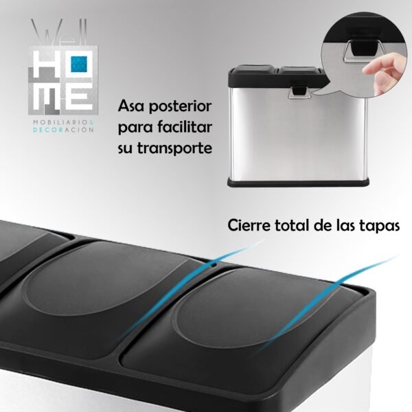 Cubo de reciclaje ecológico 45 litros de 3 compartimentos, reciclaje de basura / cubos de reciclaje, Gran Capacidad, para Papel, Vidrio y Plástico, Id - Imagen 2