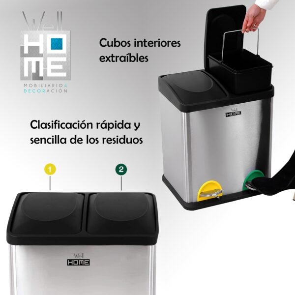 Cubo de reciclaje ecológico 16 litros de 2 compartimentos, reciclaje de basura / cubos de reciclaje, Gran Capacidad, para Papel, Vidrio y Plástico, Id - Imagen 3