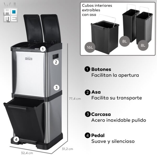 Cubo de reciclaje ecológico 32 litros de 3 compartimentos (2 de 8 L + 1 de 16 L), reciclaje de basura / cubos de reciclaje, Gran Capacidad, para Papel - Imagen 3