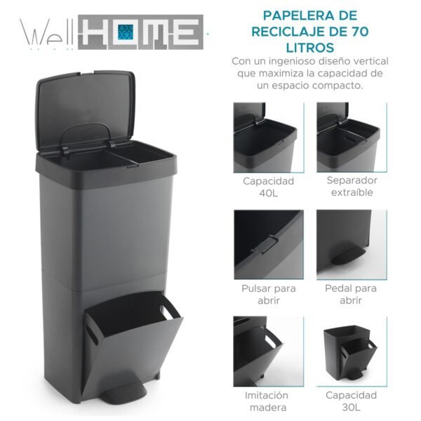 Cubo de basura 70L, VERTICAL, 2 compartimentos, papelera residuos, 76 cm, fácil gestión - Imagen 3