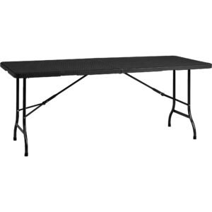 Mesa Plegable Multifuncional 180x74x74cm, acabado efecto Ratán, color Negro, fácil plegado y asa para su desplazamiento