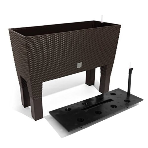 Jardinera alta rectangular 30 litros con autorriego color ocre oscuro 60 x 25 x 46 cm con patas - Imagen 3