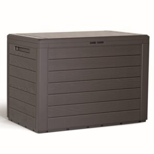 Baul de jardin 190 litros Prosperplast Woodebox de plastico en color ocre oscuro 78 x 43,3 x 55 cm