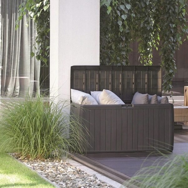 Baul de jardin 290 litros Prosperplast Boxe Board de plastico en color ocre oscuro 116,6 x 47 x 59,5 cm - Imagen 2