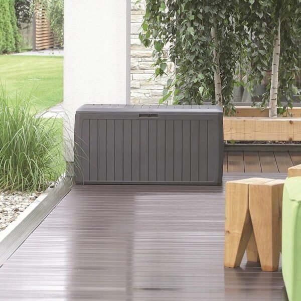 Baul de jardin 290 litros Prosperplast Boxe Board de plastico en color ocre oscuro 116,6 x 47 x 59,5 cm - Imagen 3