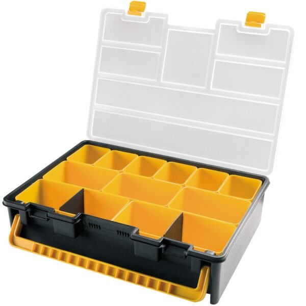 Organizador de plástico L443 x P317 x H107 mm con cajas surtidas, tapa transparente