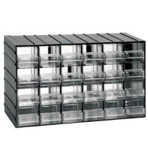Unidad de almacenamiento modular de plástico L 382 x P 148 x H 230 mm con 24 cajones transparentes