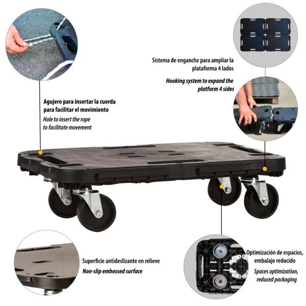 Plataforma con ruedas, en polipropileno 480x290x h 40 mm, ensamble 480x290x h 125 mm, con sistema de enganche para poder ampliar la plataforma. Ideal - Imagen 4