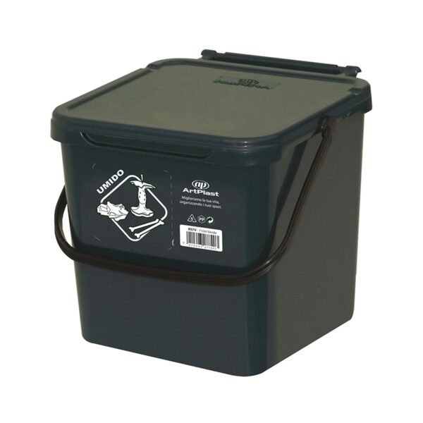Cubo de polipropileno con la manija y la cubierta, de color verde, 7 Lt. 225x240x205 mm, con la identificación de residuos pegatina