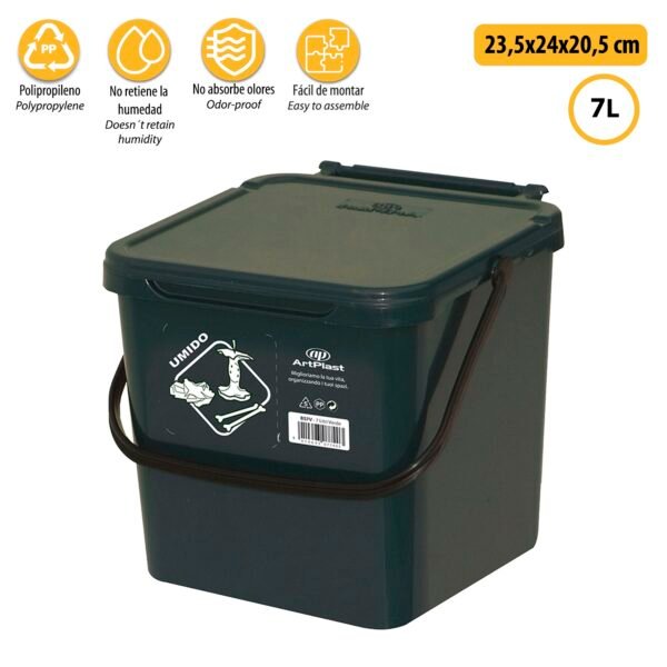 Cubo de polipropileno con la manija y la cubierta, de color verde, 7 Lt. 225x240x205 mm, con la identificación de residuos pegatina - Imagen 3