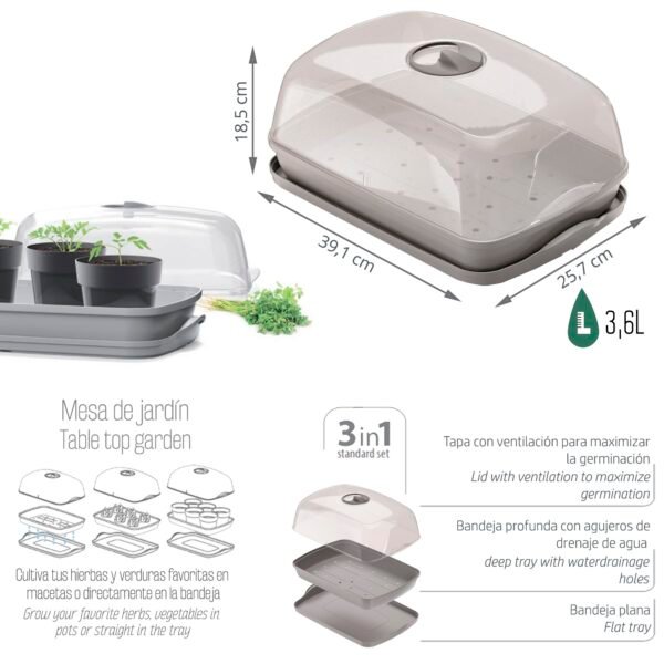 Semillero/bandeja multiusos con tapa de policarbonato RESPANA TABLE GREENHOUSE 3,6L., dimensiones (mm) 391x257x185, color Gris piedra - Imagen 3