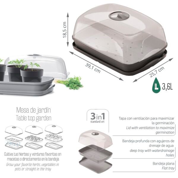 Semillero/bandeja multiusos con tapa de policarbonato RESPANA TABLE GREENHOUSE 3,6L., dimensiones (mm) 391x257x185, color Antracita - Imagen 3