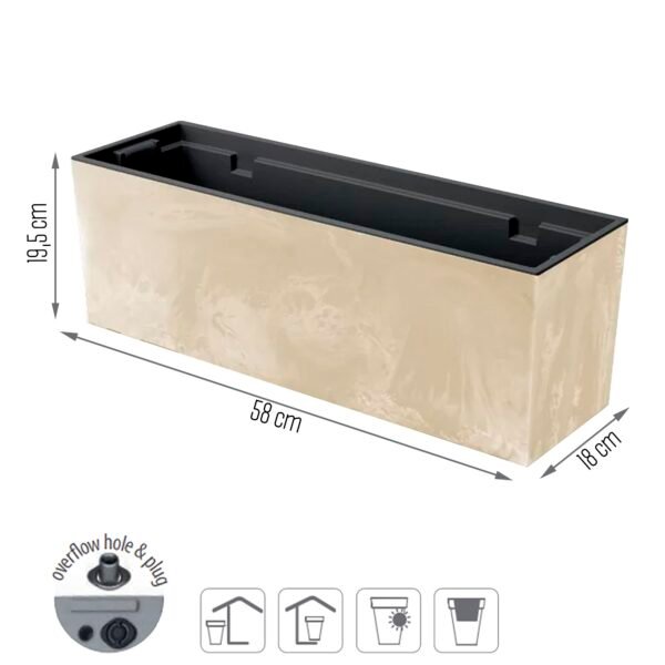Maceta URBI CASE BETON EFFECT , Con depósito, dimensiones (mm) 580x180x195, color Crema - Imagen 3