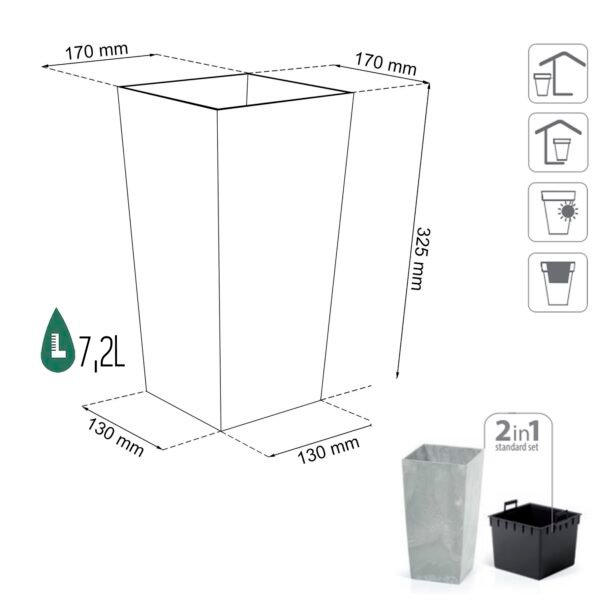 Maceta URBI SQUARE BETON EFFECT 7,2L., Con depósito, dimensiones (mm) 170x170x325, color Antracita - Imagen 3