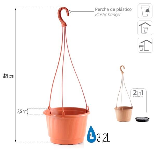 Macetero colgante PRO 3,2L., dimensiones (mm) 210x210x135, color Terracota - Imagen 3
