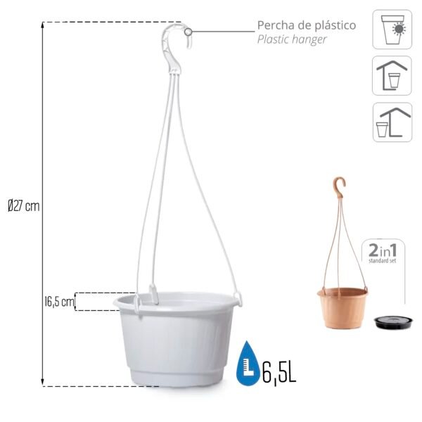 Macetero colgante PRO 6,5L., dimensiones (mm) 270x270x165, color Blanco - Imagen 3