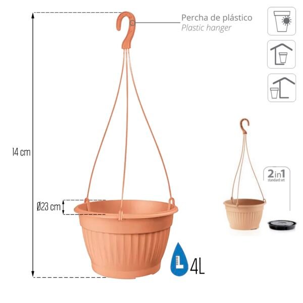 Macetero colgante TERRA 4L., dimensiones (mm) 230x230x140, color Terracota - Imagen 3