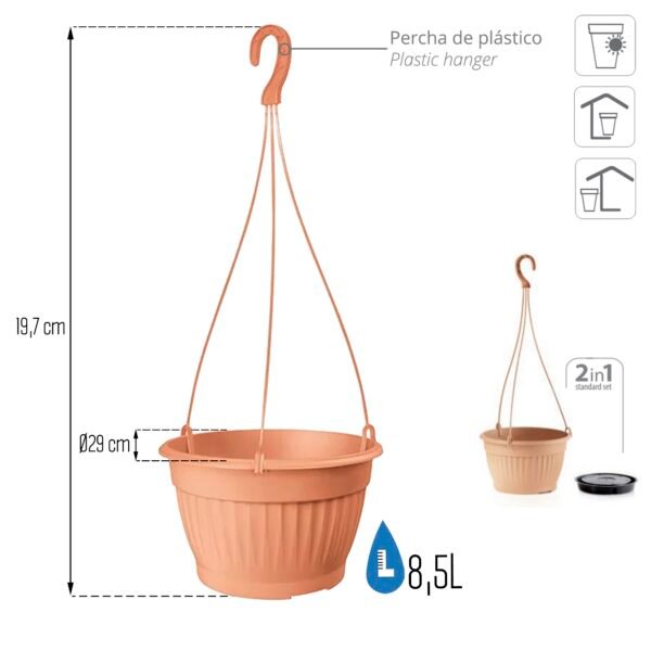 Macetero colgante TERRA 8,5L., dimensiones (mm) 290x290x180, color Terracota - Imagen 3
