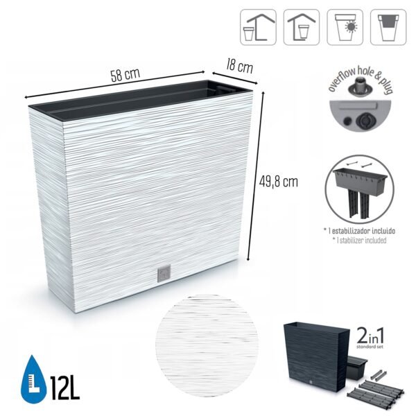 Macetero color blanco, con depósito, colección FURU, de 58 x 18 x 49,8 cm, capacidad de 12 L. - Imagen 2