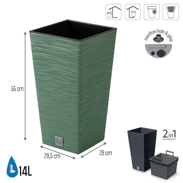 Macetero color verde tierra, con depósito, colección FURU, de 29,5 x 29,5 x 55 cm, capacidad de 14 L. - Imagen 2